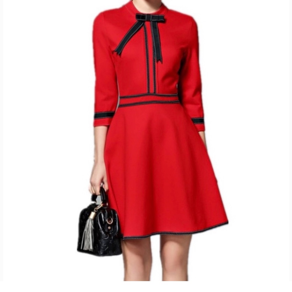 Feiinvan Fit & Flare Red Dress with Black Bow and Pockets Size China XL/ US L